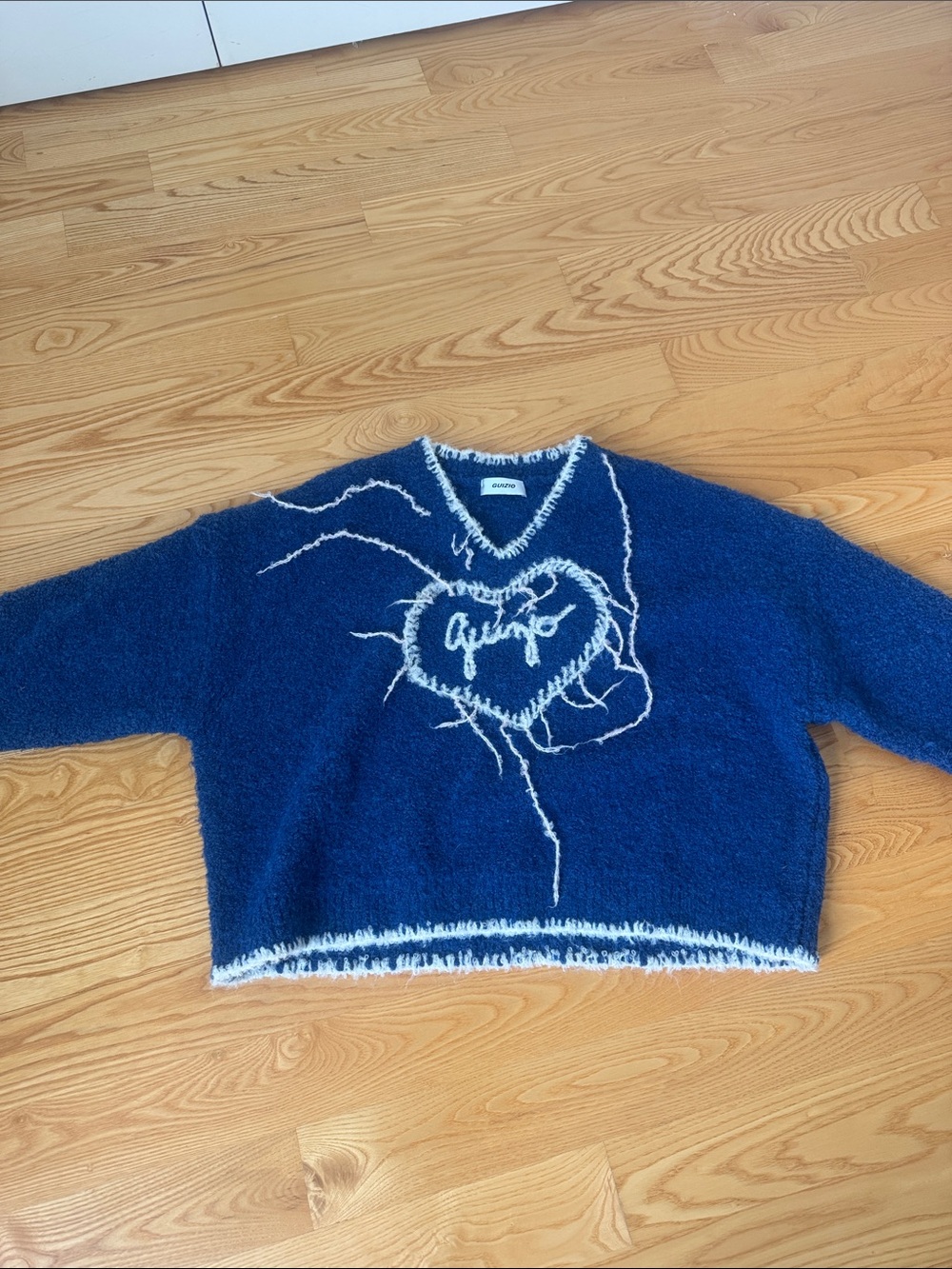 Danielle Guizio Blue V-Neck Fuzzy Heart Sweater with White Trim